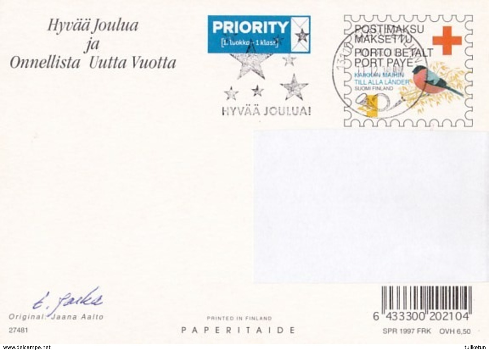 Postal Stationery - Bird - Bullfinch - Candles Lighting - Red Cross 1997 - Suomi Finland - Postage Paid - Jaana Aalto - Postal Stationery