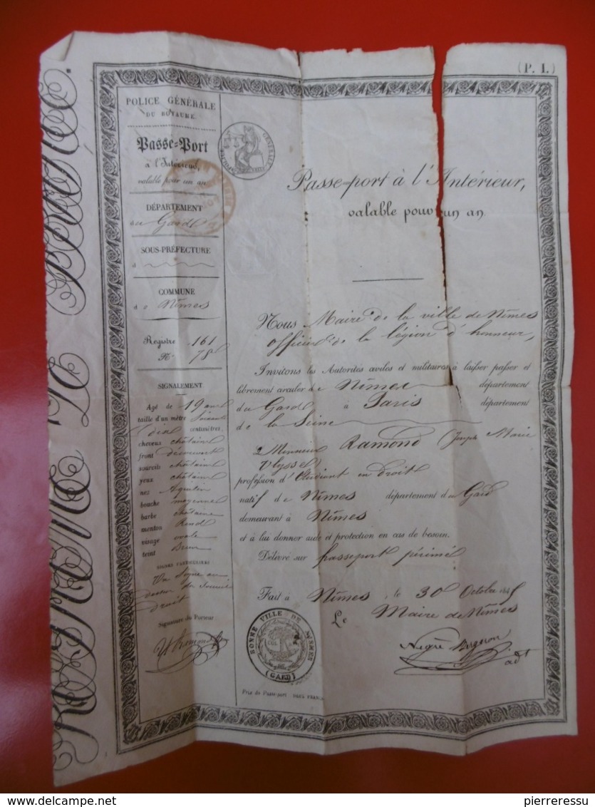 PASSEPORT A L INTERIEUR DE NIMES A PARIS A RAMOND ULYSSE 1845 CACHET - Documents Historiques