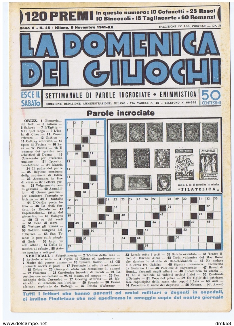 LA DOMENICA DEI GIUOCHI  - PAROLE INCROCIATE  - NUOVA - 9 NOVEMBRE 1941 - Giochi