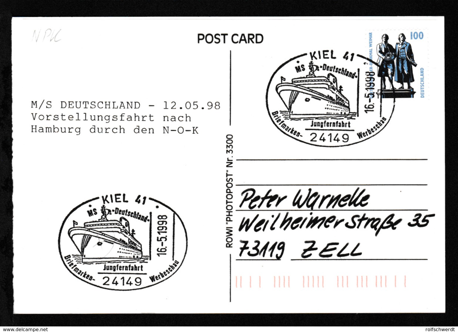 KIEL 41 24149 MS >>Deutschland<< Jungfernfahrt Briefmarken-Werbeschau 16.5.1998 - Other & Unclassified
