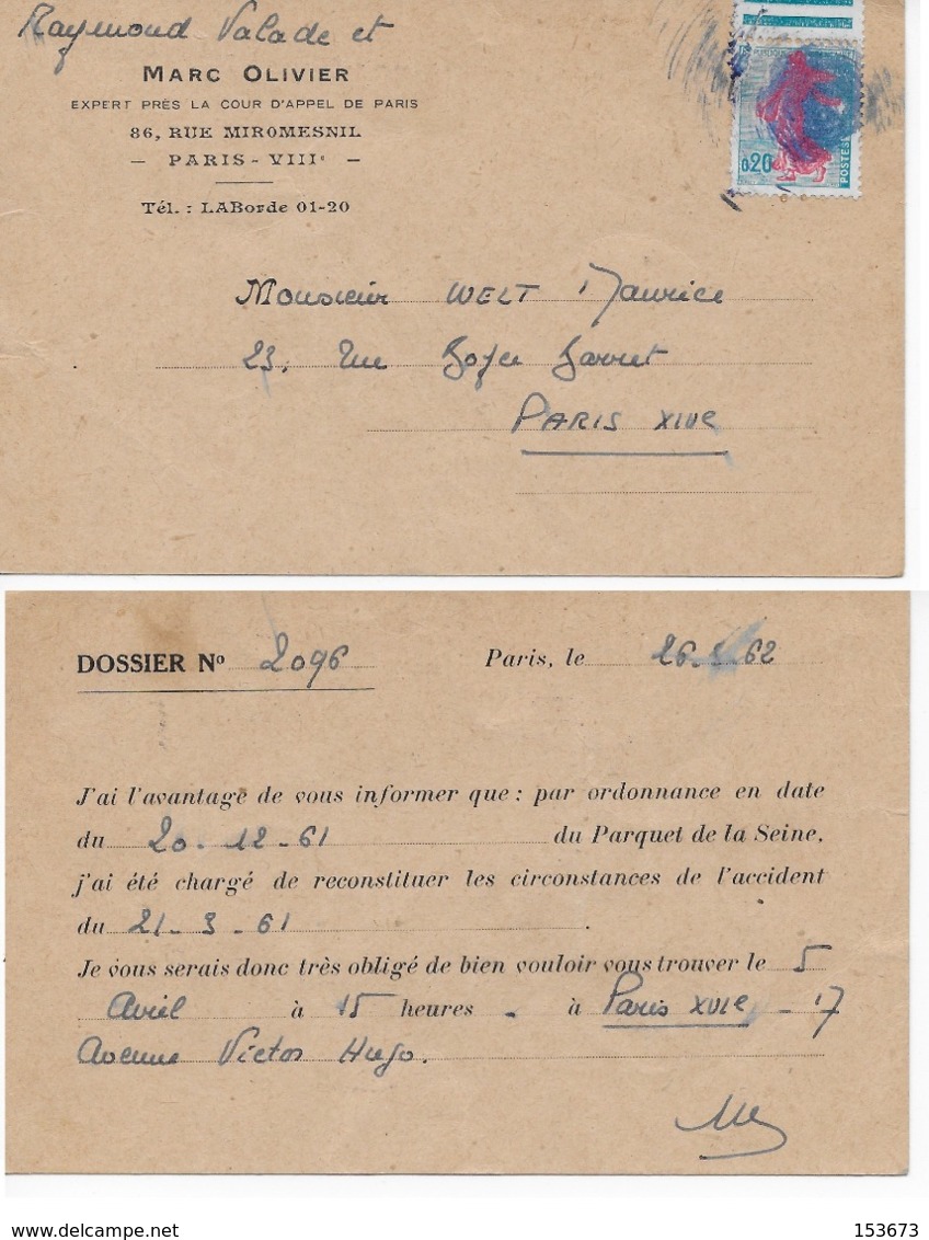 Carte Postale Société Assurance 1962 Avec Accident Oblitération Sur 0,20 C Semeuse ROTY (bord De Feuille) - Covers & Documents