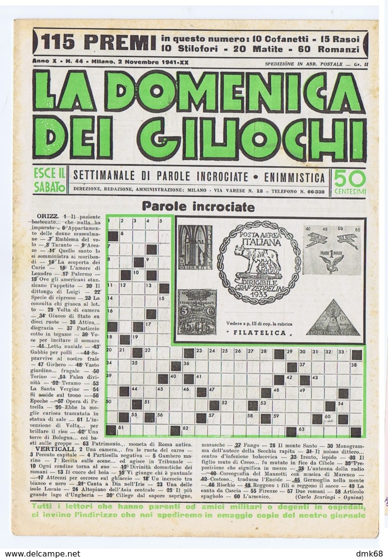 LA DOMENICA DEI GIUOCHI - PAROLE INCROCIATE - NUOVA - 2 NOVEMBRE 1941 - Games