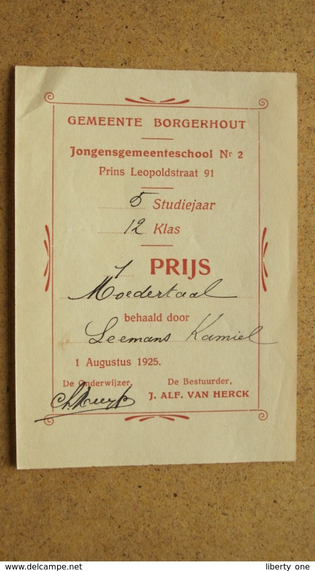 Gemeente BORGERHOUT Jongensgemeenteschool Nr. 2 - 1 Prijs Moedertaal > Leemans ( 1925 ) Zie Foto's ! - Diplômes & Bulletins Scolaires