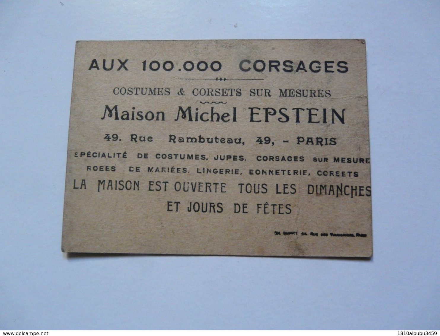 VIEUX PAPIERS - PUBLICITE : Costumes & Corsets Sur Mesures - Maison EPSTEIN - Publicités