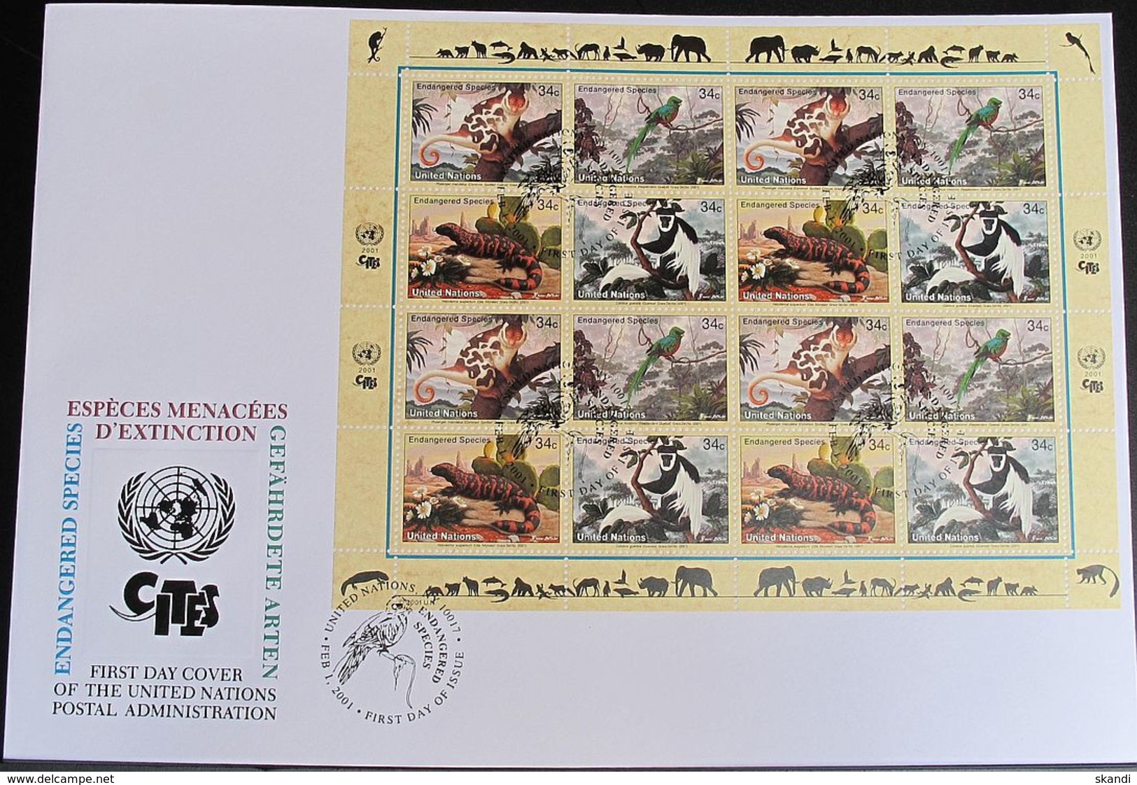 UNO NEW YORK 2001 Mi-Nr. 856/59 Kleinbogen Gefährdete Arten FDC - FDC