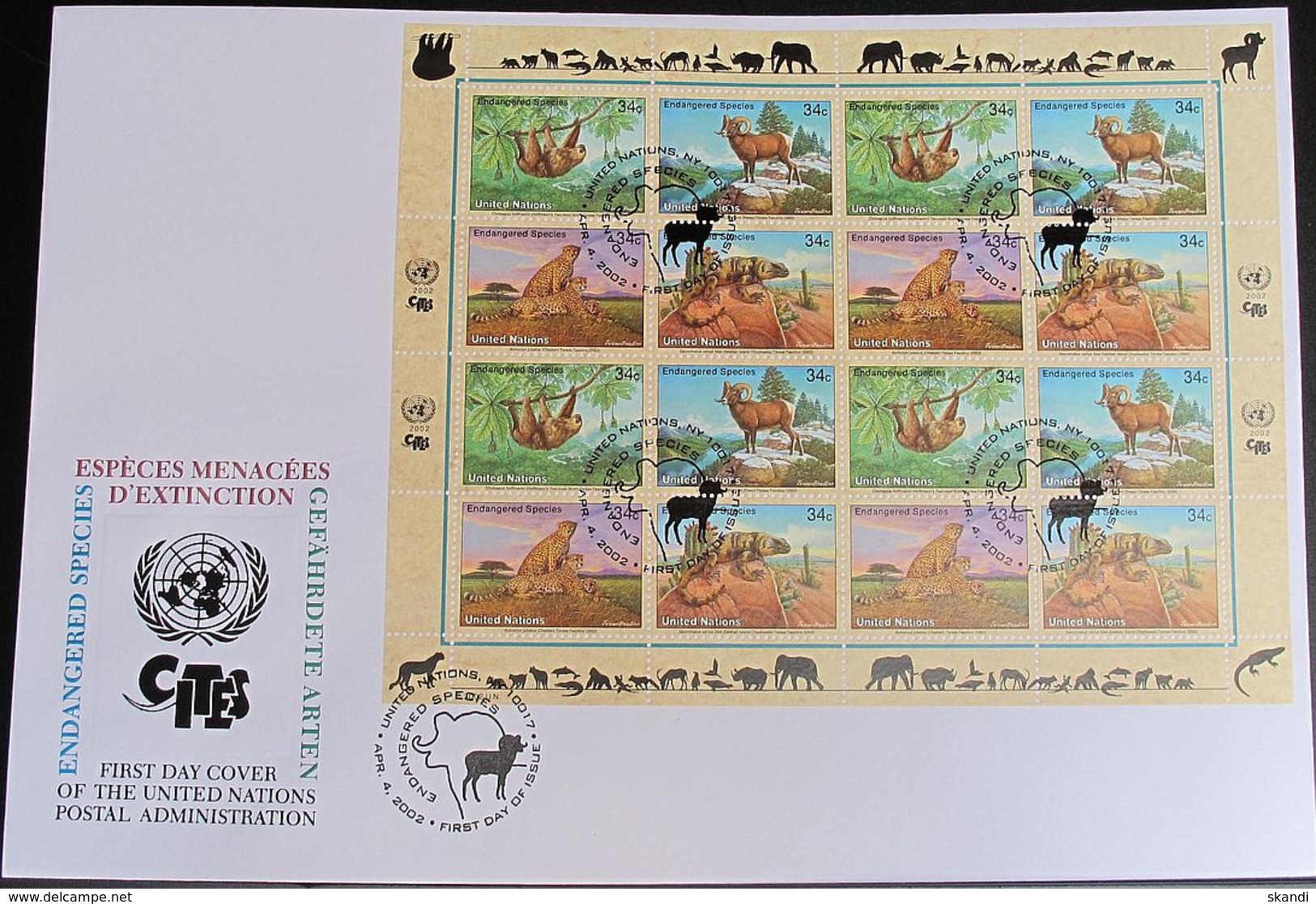 UNO NEW YORK 2002 Mi-Nr. 890/93 Kleinbogen Gefährdete Arten FDC - FDC