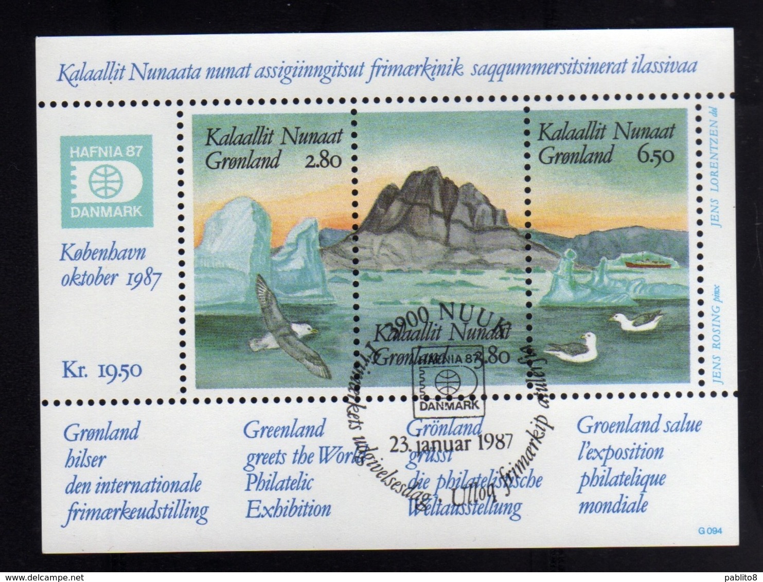 GREENLAND GRONLANDS GROENLANDIA GRØNLAND 1987 HAFNIA 87 Stamp Exhibition PHILATELIC SHEET FOGLIETTO FIRST DAY CANCEL FDC - Blokken