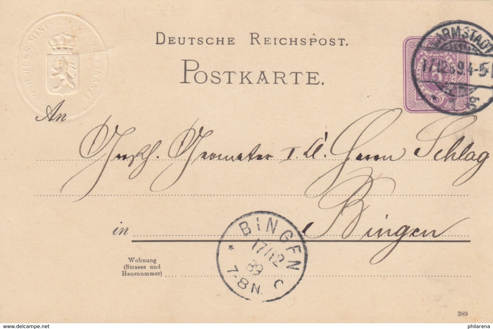 Postkarte 1889 Von Darmstadt Finanzministerium Nach Bingen - Sonstige & Ohne Zuordnung