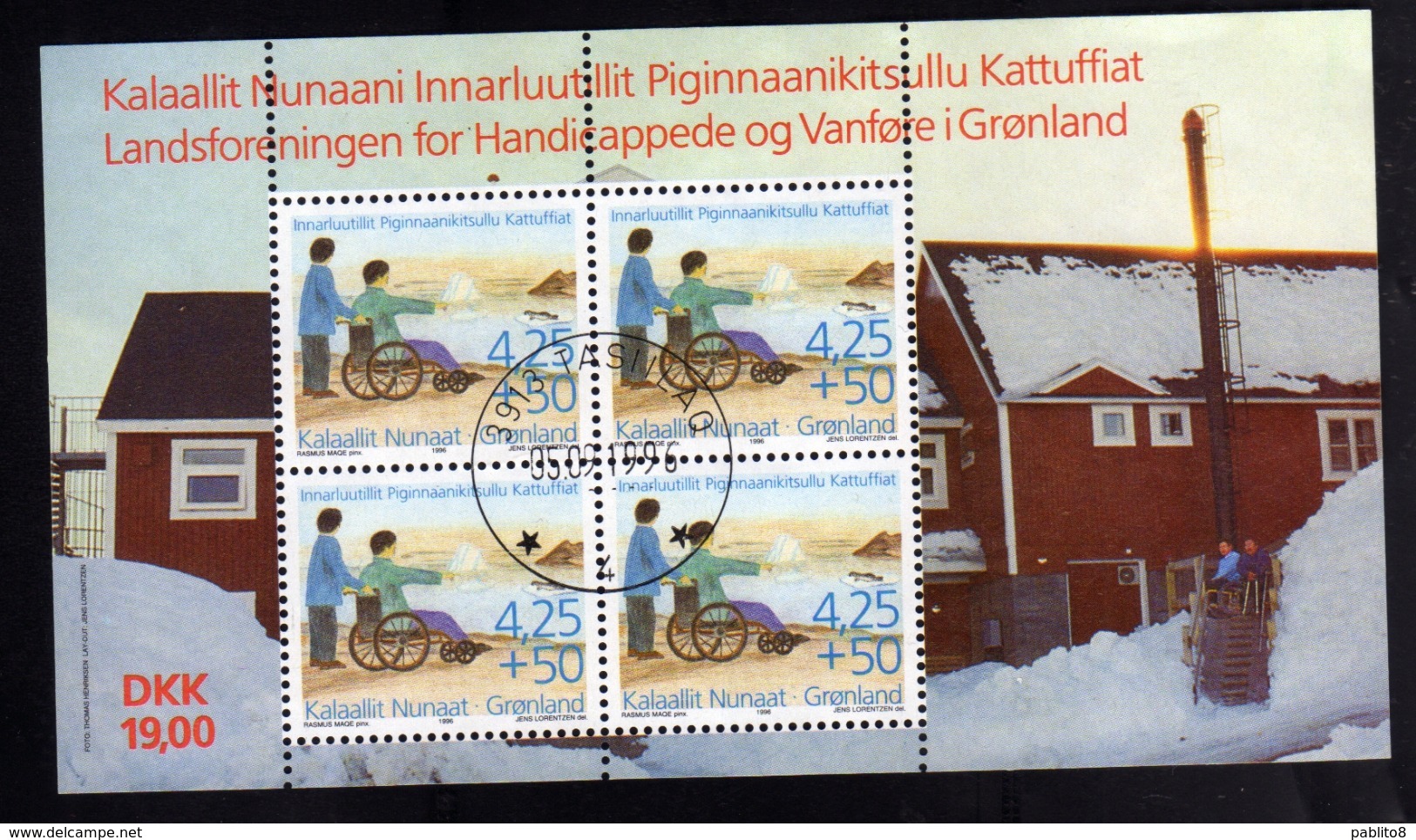 GREENLAND GRONLANDS GROENLANDIA GRØNLAND 1996 HANDICAP ASSOCIATION BLOCK SHEET BLOCCO FOGLIETTO FIRST DAY CANCEL FDC - Blocchi