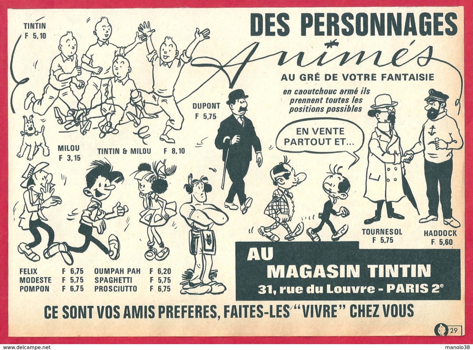 Les Personnages Animés Tintin. En Caoutchouc: Tintin, Milou, Haddock, Felix, Modeste... Magasin Tintin. 1965. - Publicités