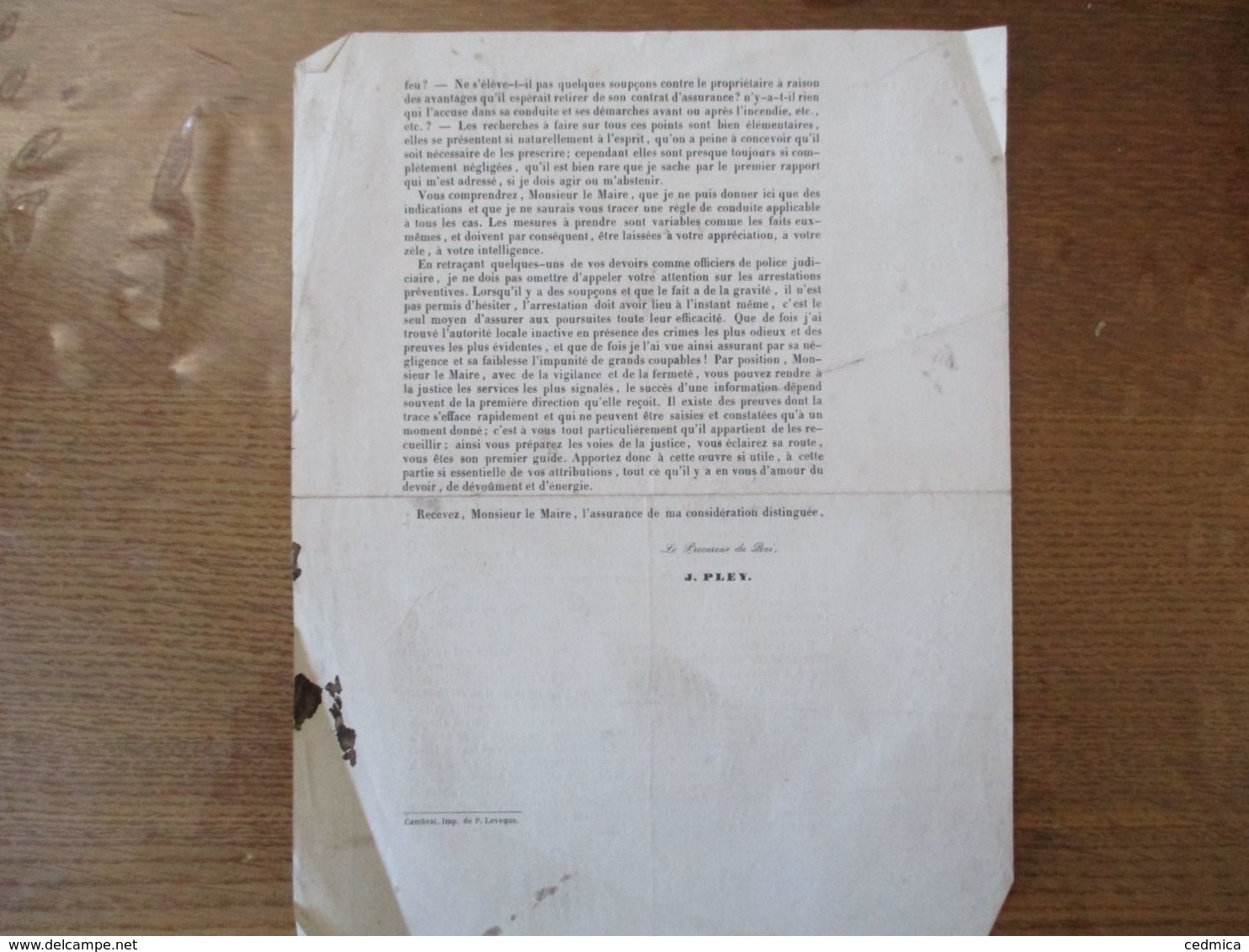 CAMBRAI LE 5 SEPTEMBRE 1845 PARQUET DU PROCUREUR DU ROI CIRCULAIRE LE PROCUREUR DU ROI J. PLEY - Historische Dokumente