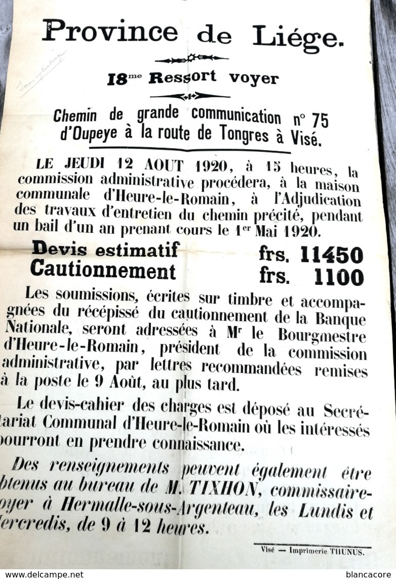 Affiche 1920 Adjudication Pour Travaux Oupeye Heure Le Romain Route De Tongres à Visé  Tixhon Commissaire Voyer Hermalle - Afiches