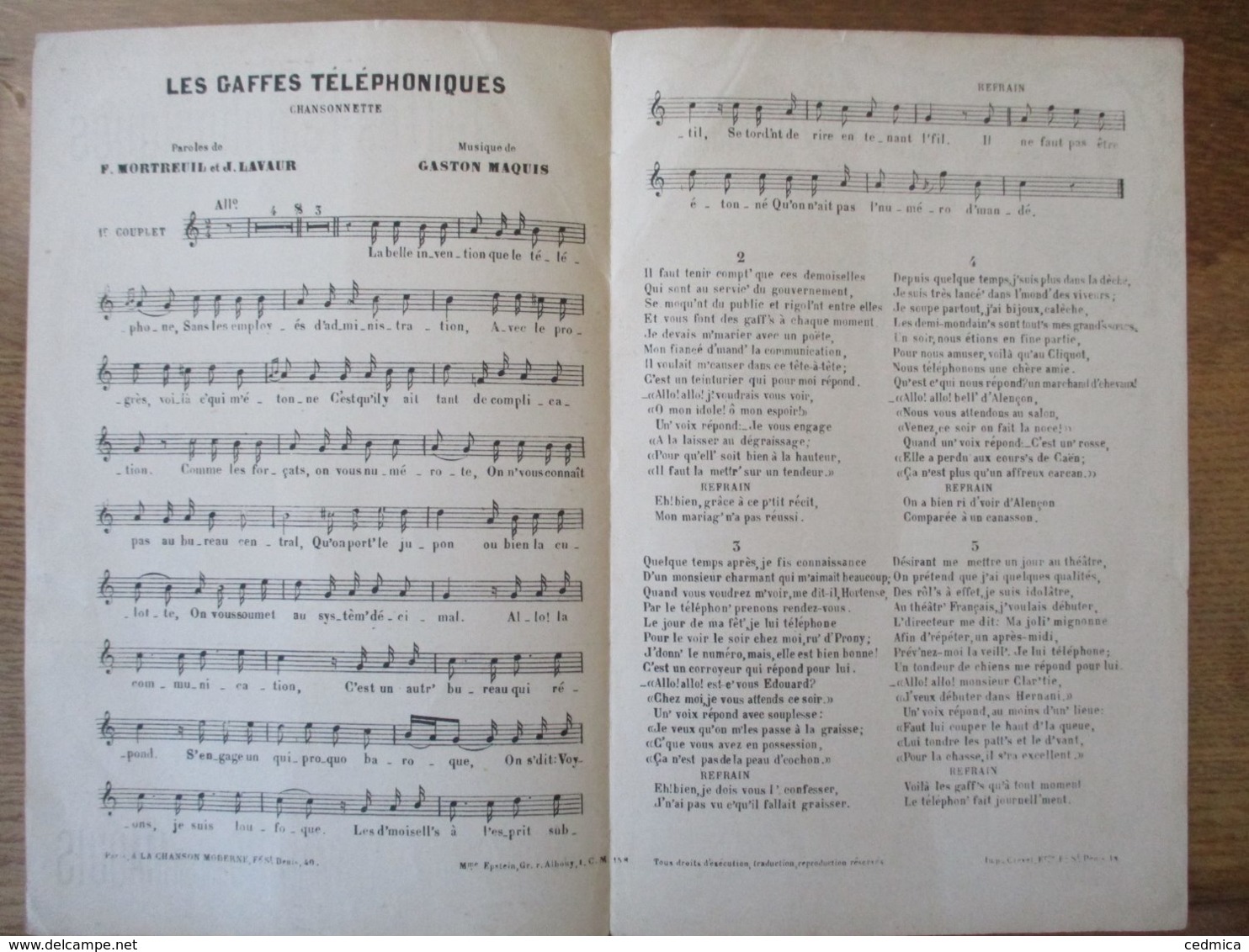 LES GAFFES TELEPHONIQUES CHANSONNETTE PAROLES DE F.MORTREUIL ET J.LAVAUR MUSIQUE DE GASTON MAQUIS - Partitions Musicales Anciennes