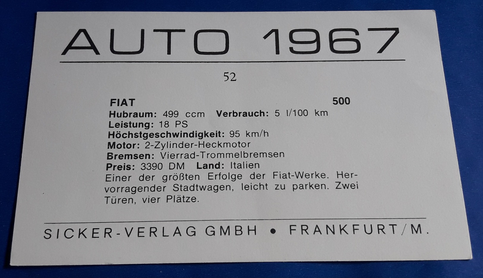 FIAT 500 # Altes Sammelbild Aus Der Serie "AUTO 1967" Vom Sicker-Verlag In Frankfurt/M. # [19-1948] - Altri & Non Classificati