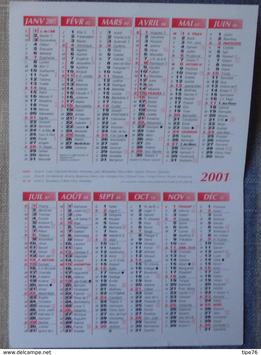 Petit Calendrier De Poche 2001 La Poste Voitures Renault - Petit Format : 2001-...