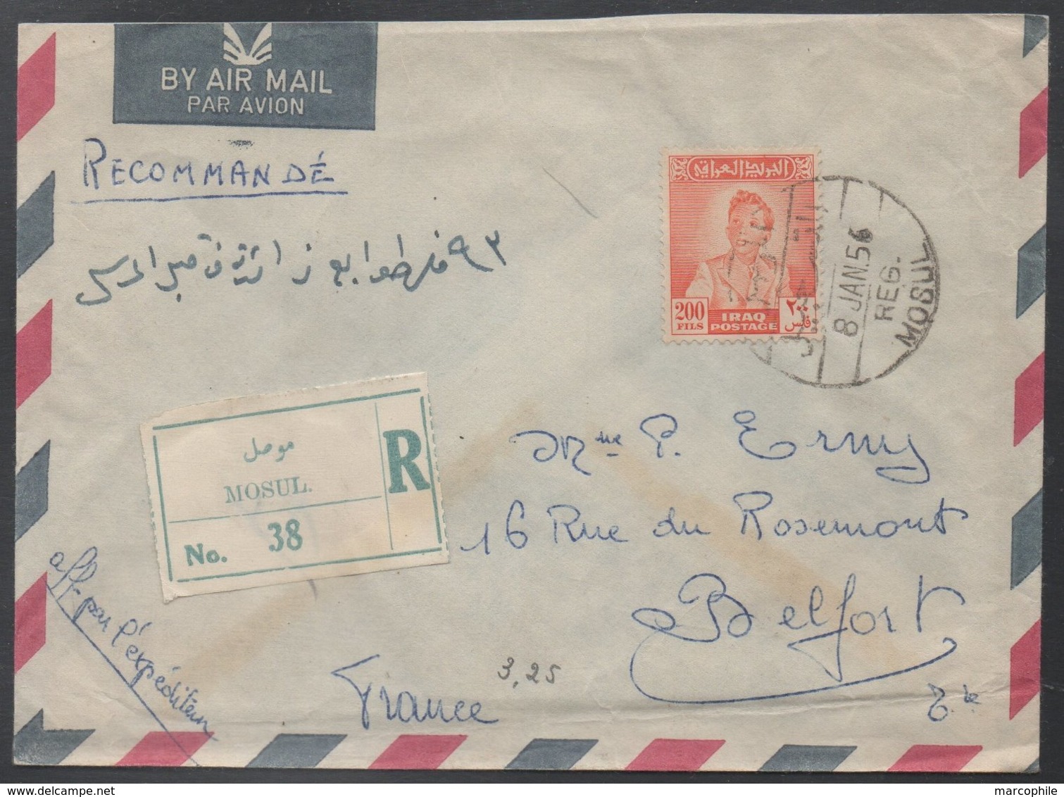 IRAQ - IRAK - MOSUL - MOSSOUL / 1956 LETTRE AVION RECOMMANDEE POUR LA FRANCE - BELFORT (ref LE548) - Iraq