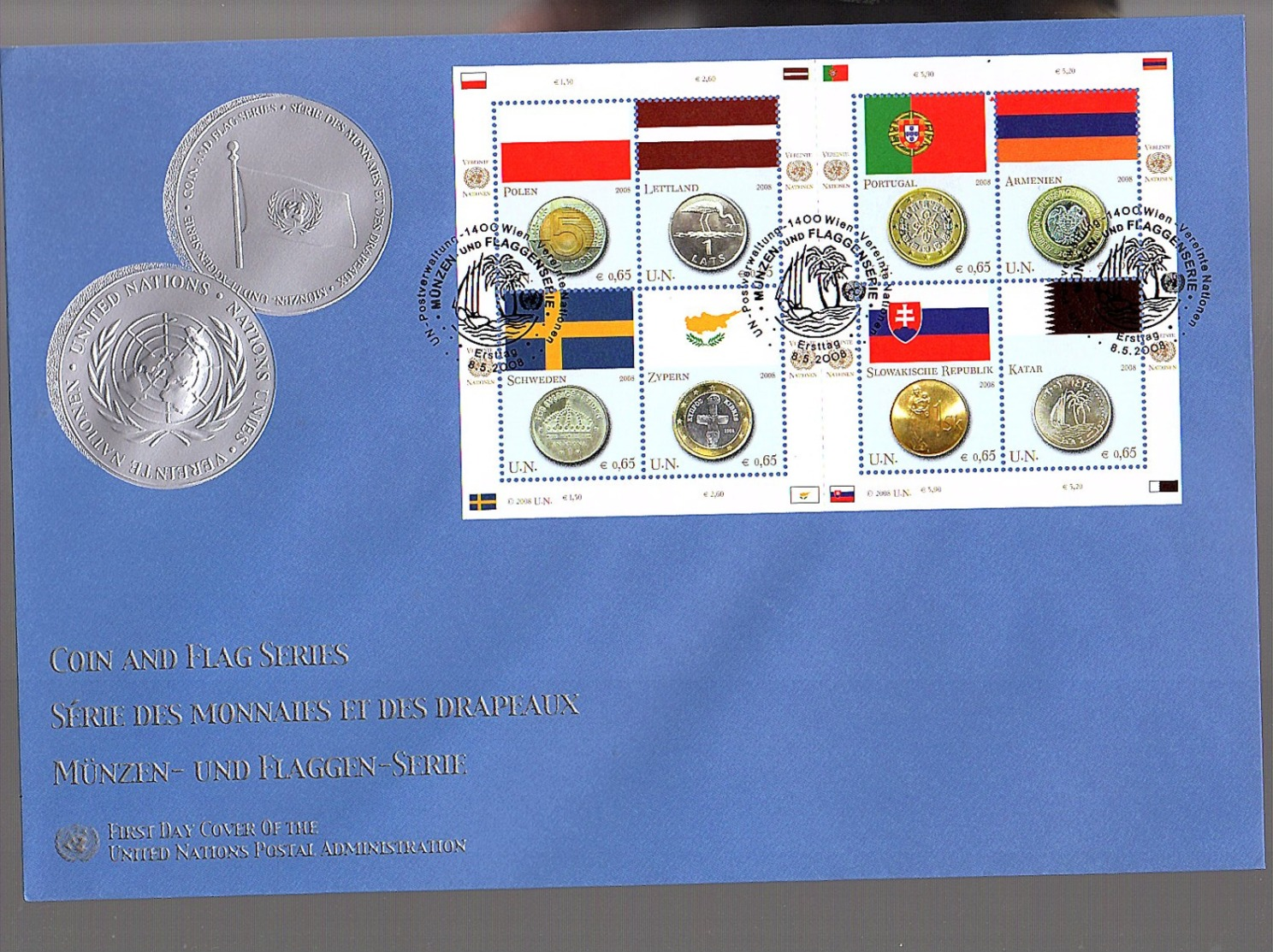 2008 Flag Coin Latviija Poland Portugal Cyprus Sweden Qatar Complete Block On Large FDC (156) - FDC