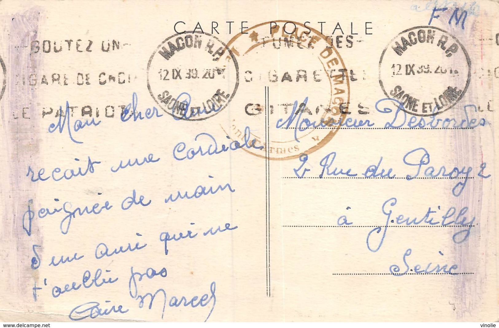 PIE.Z.19-T-1154 : CACHET FRANCHISE MILITAIRE  PLACE DE MACON  12 SEPTEMBRE 1939 - Guerre De 1939-45