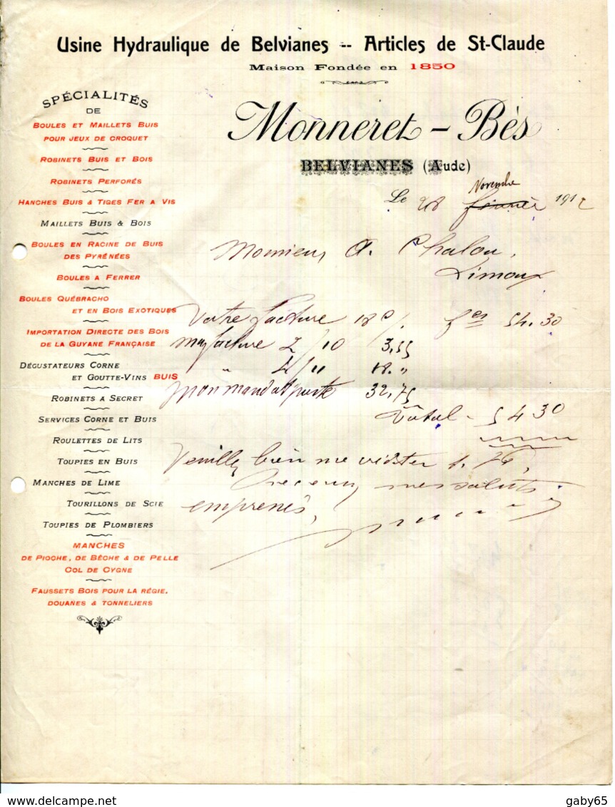 11.AUDE.BOULES & MAILLETS BUIS.ROBINETS BOIS.MANCHES.ARTICLES DE ST. CLAUDE.MONNERET-BES USINE HYDRAULIQUE DE BELVIANES. - Autres & Non Classés