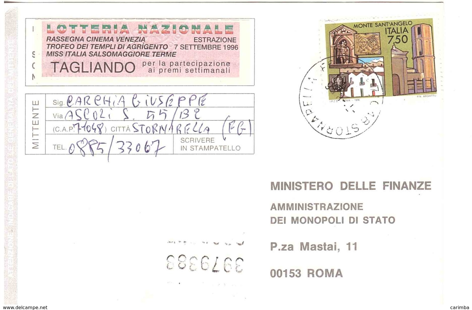 1996 £750 MONTE SANT'ANGELO SU CARTOLINA LOTTERIE NAZIONALI ANNULLO STORNARELLA - Pubblicitari