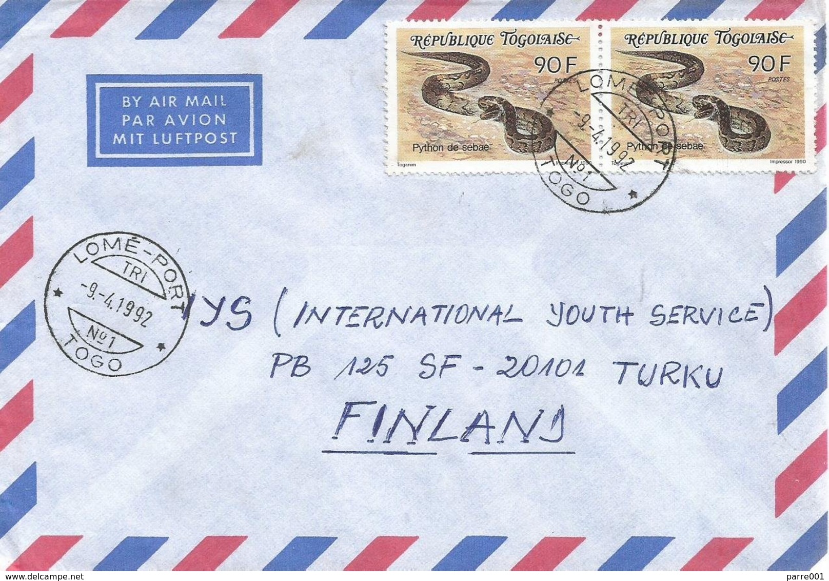 Togo 1992 Lome Port TRI No.1 African Rock Python Python Sebae Cover - Serpenti