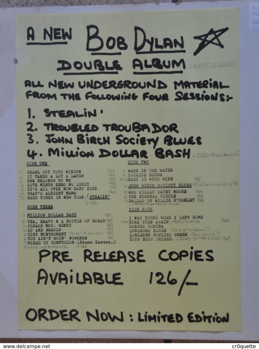 RARE DOUBLE BOOTLEG BOB DYLAN De 1969 - Editions Limitées