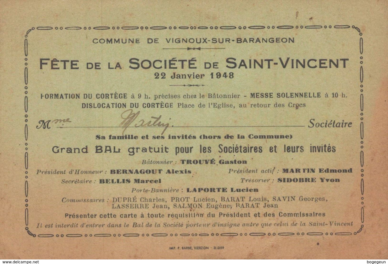 18 VIGNOUX SUR BARENGEON Fête De La Société De Saint Vincent 22 Janvier 1948 (Avec La Chanson Pour La St Vincent La Bara - Autres & Non Classés