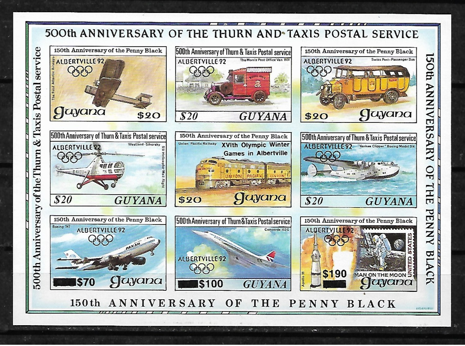 #A22# GUYANA MICHEL 3671/3679 MNH** IMPERFORATED, ONLY 500 ISSUED. AIRPLANE, TRAIN, SPACE, TRANSPORT. SPORT ALBERTVILLE. - Guyane (1966-...)