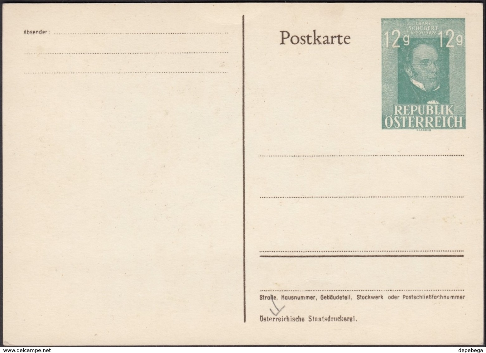 Austria 1947 - UNO, 12g. Franz Schubert, Privat Stationery / GA -.Postkarte, Vereinte Nationen, Karl Renner. - Other & Unclassified
