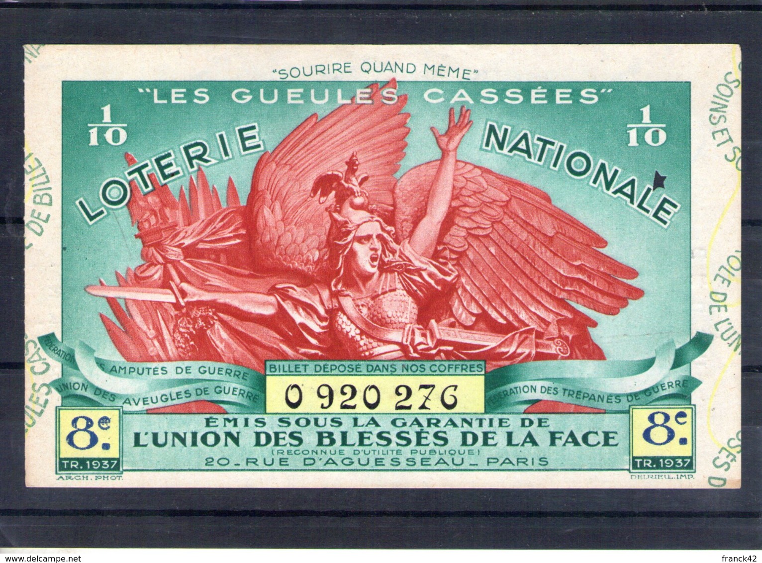 Loterie Nationale Les Gueules Cassées. 1937 - Billetes De Lotería