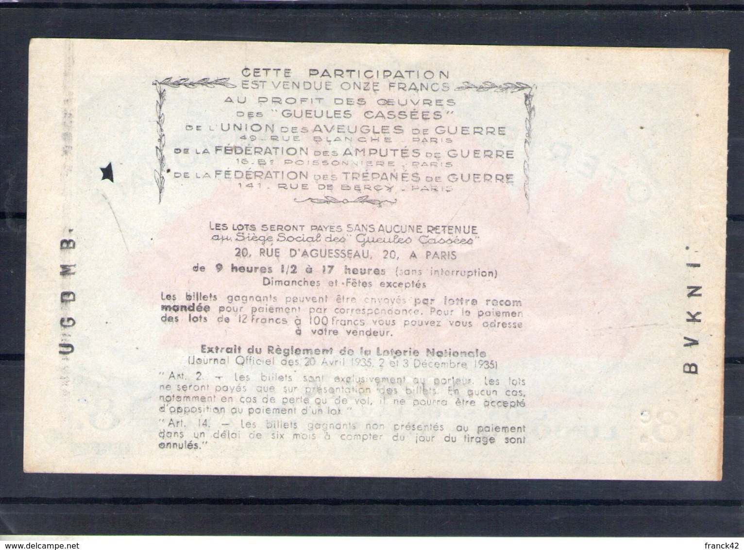 Loterie Nationale Les Gueules Cassées. 1937 - Billets De Loterie