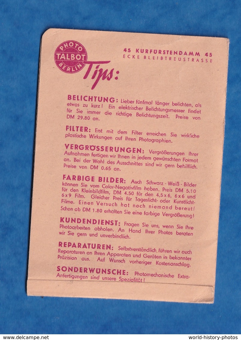 Pochette Ancienne Pour Photographie - BERLIN - Magasin Photo TALBOT - 45 Kurfürstendamm Ecke Bleibtreutstrasse - 1950 - ...