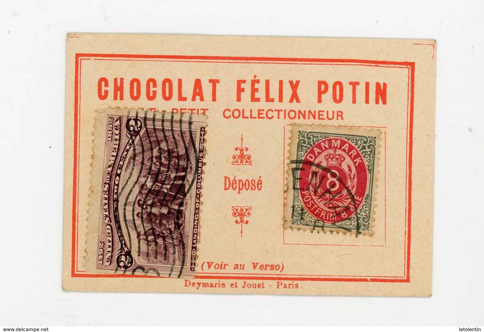 PETIT CARTON PUBLICITAIRE "LE PETIT COLLECTIONNEUR" DES CHOCOLAT FELIX POTIN AVEC 2 TIMBRES (A VOIR) - Autres & Non Classés