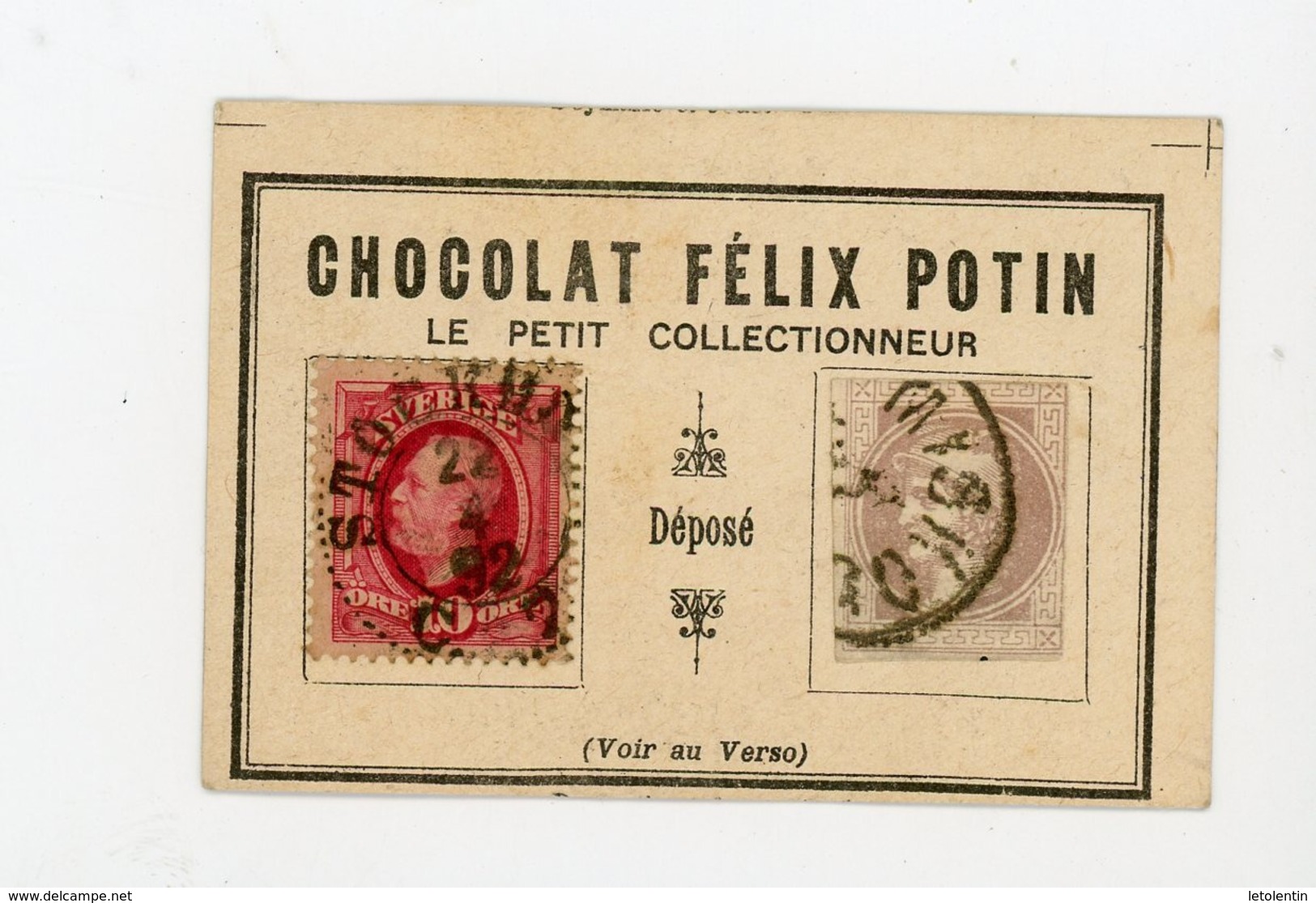 PETIT CARTON PUBLICITAIRE "LE PETIT COLLECTIONNEUR" DES CHOCOLATS FELIX POTIN AVEC 2 TIMBRES (A VOIR) - Autres & Non Classés