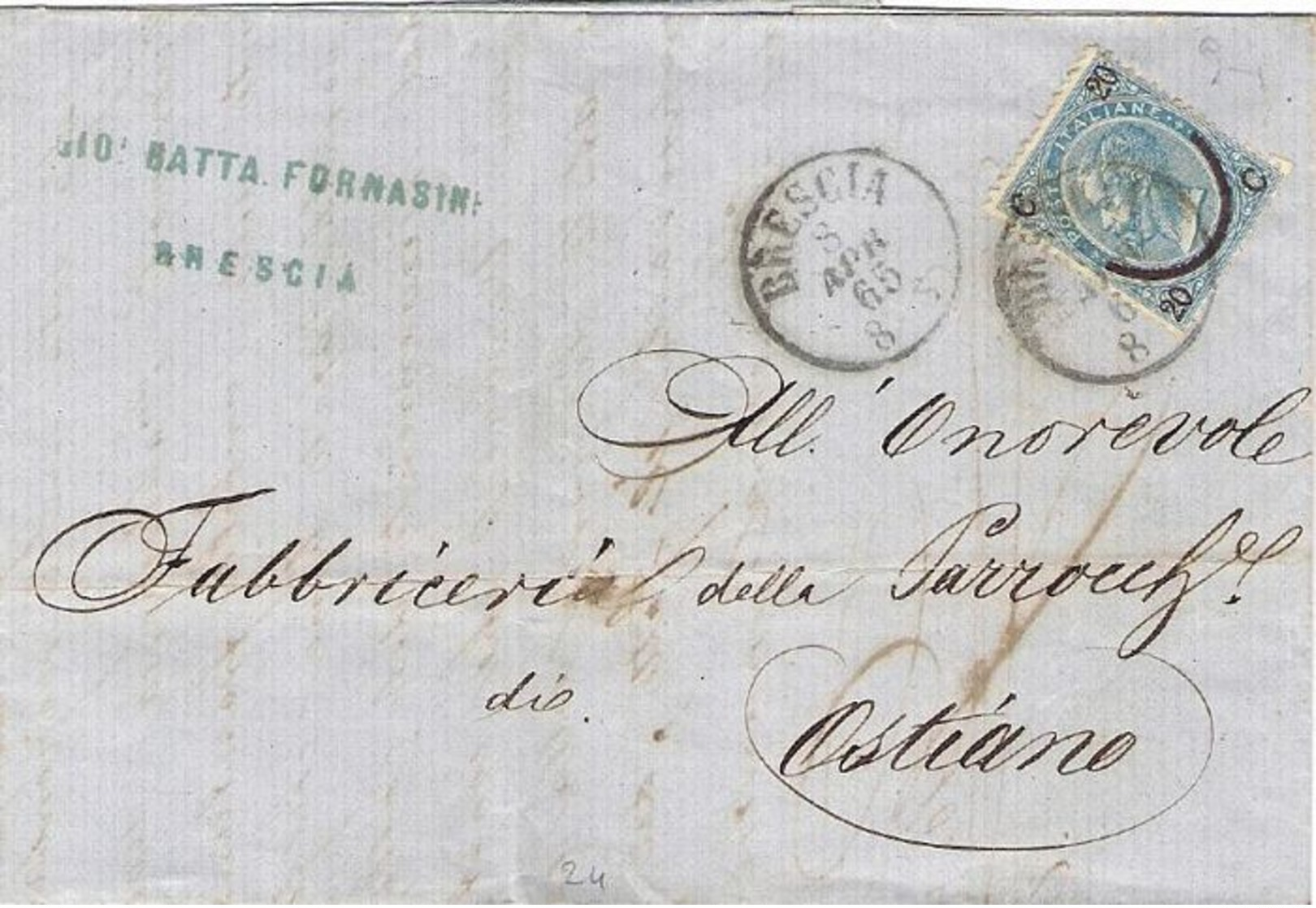 1865 EFFIGIE Sopr. II  Tipo C.20/15 (24) Isol. Su Busta Brescia (8.4) - Storia Postale