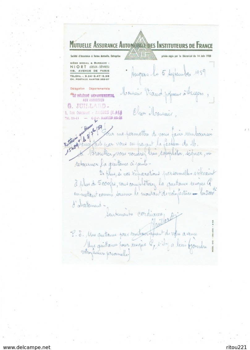 Document MUTELLE ASSURANCE AUTOMOBILE INSTITUTEURS De France MAIF NIORT / ANGERS 1959 - Banca & Assicurazione
