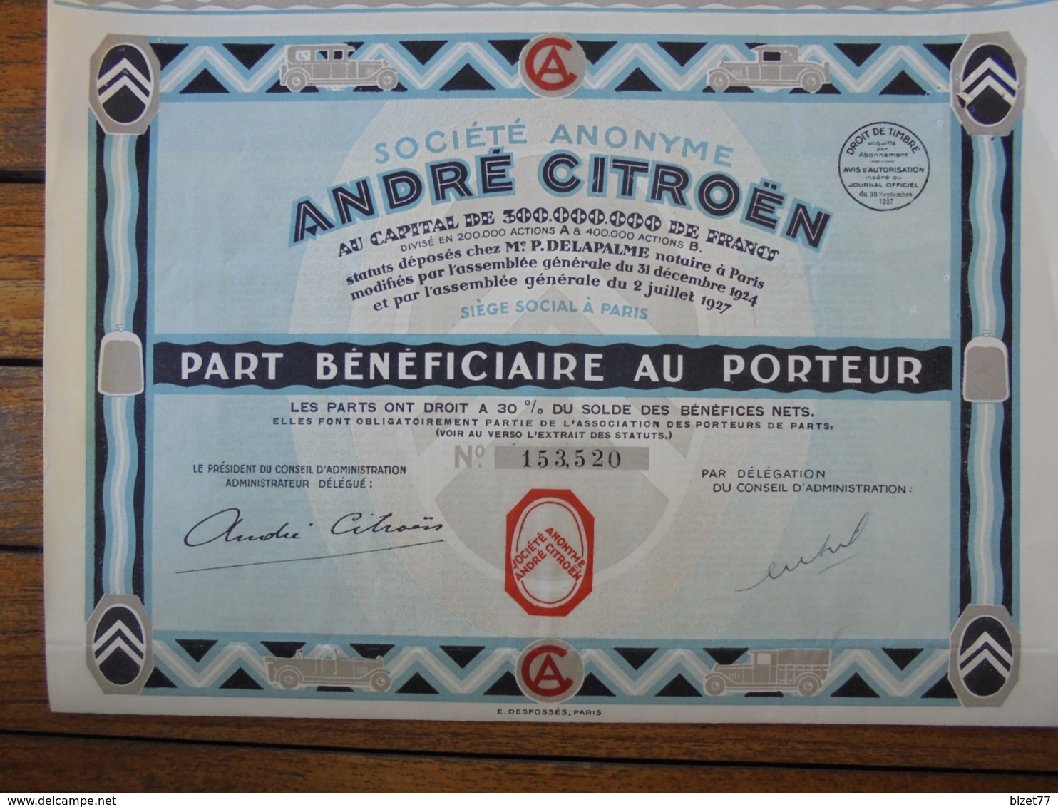 FRANCE - AUTOMOBILE - SA ANDRE CITROEN -PART BENEFICIAIRE - PARIS 1927 - ILLUSTRATION  DE TYPE : ART DECO - Other & Unclassified