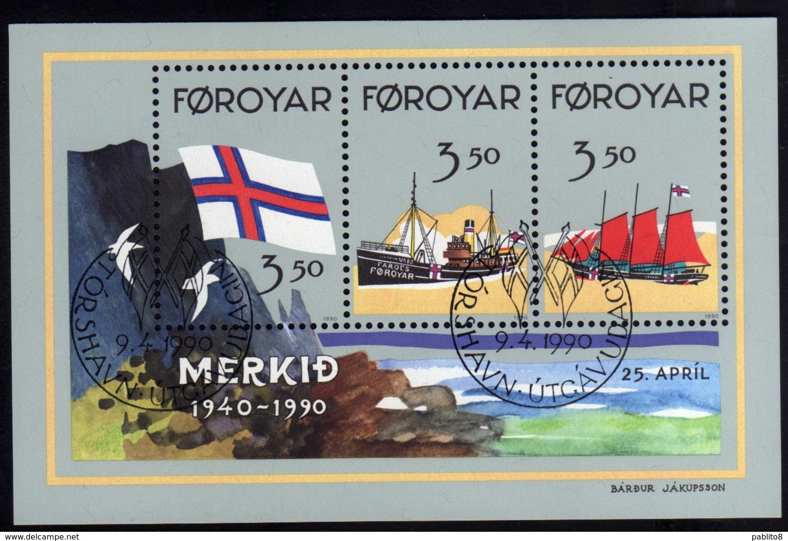 FAEROER FAROE ISLANDS Féroé Faroer Føroyar 1990 RECOGNITION OF THE MERKID  FLAG BLOCK SHEET FIRST DAY CANCEL FDC - Isole Faroer