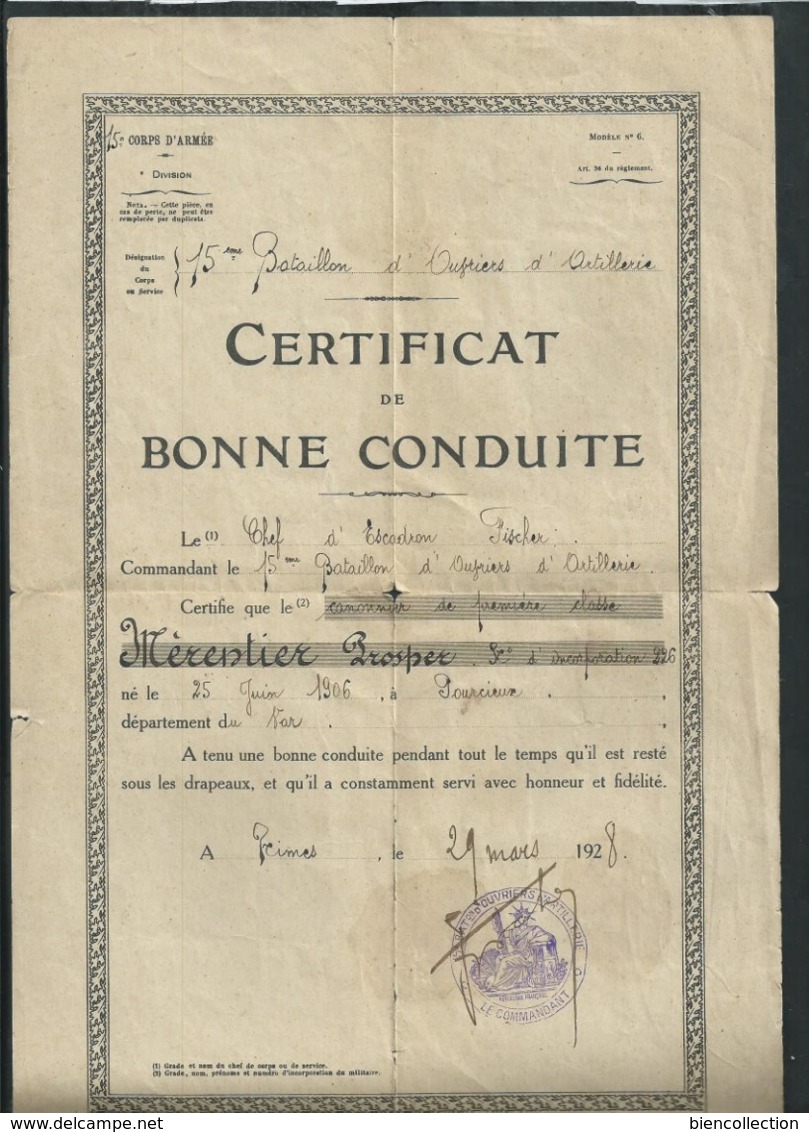 Certificat De Bonne Conduite Du 15eme Bataillon D'ouvriers D'artillerie Militaire à Nîmes (Gard) En 1928 - Dokumente