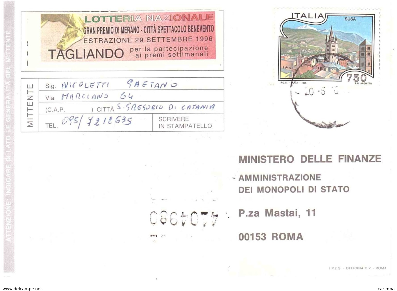 1995 £750 SUSA SU CARTOLINA LOTTERIE NAZIONALI - Pubblicitari