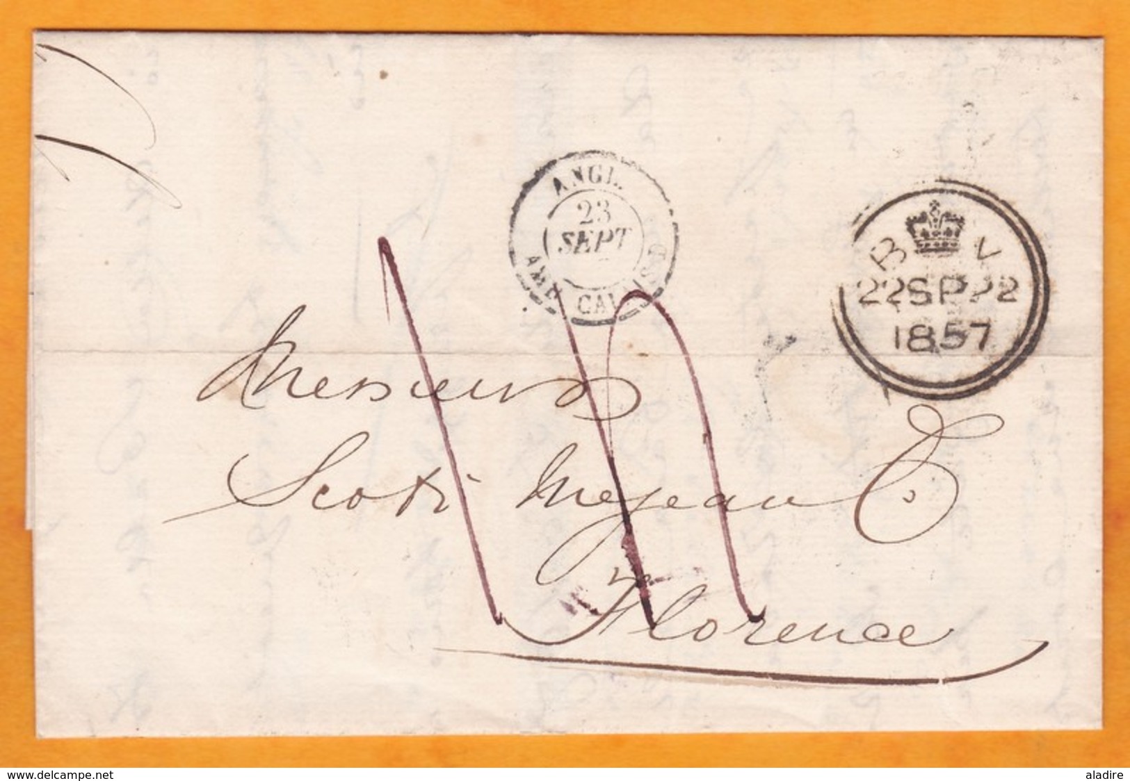 1857 - Lettre Pliée Avec Correspondance En Italien De London, GB Vers Firenze, Italie - VIA Calais Et Paris, France - Postmark Collection