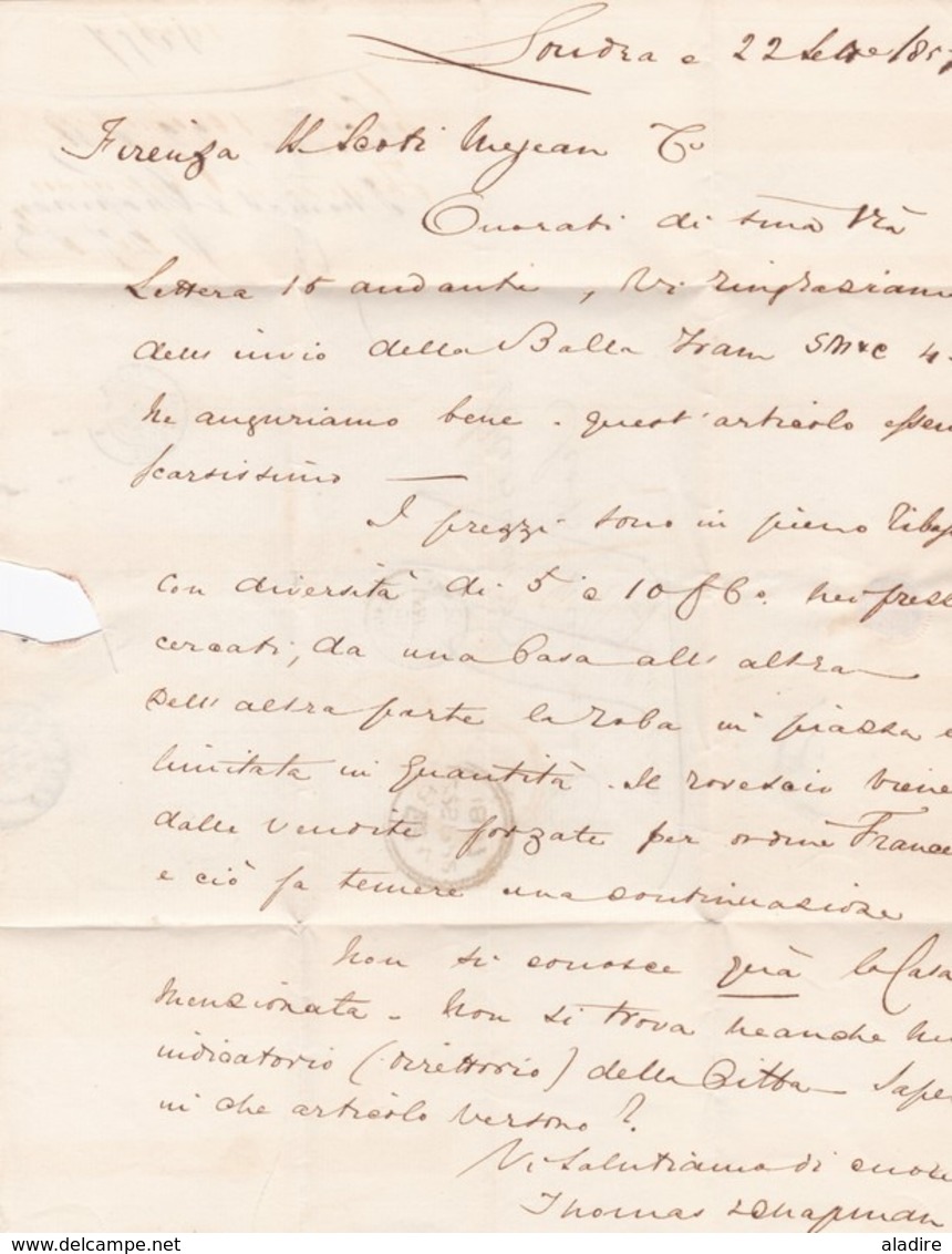 1857 - Lettre pliée avec correspondance en italien de London, GB vers Firenze, Italie - VIA Calais et Paris, France