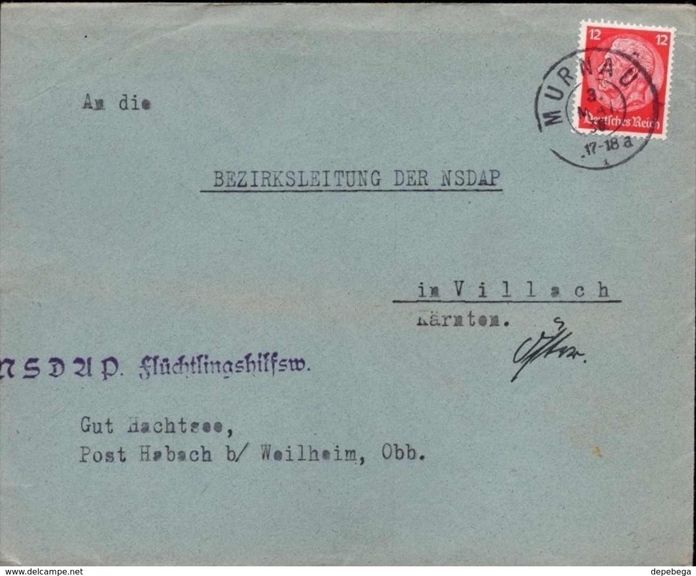 Germany - Official Cover, NSDAP Flüchtlingshilfswerk MURNAU Nach NSDAP Bezirksleitung VILLACH 3.5.1938, Österreich. - Briefe U. Dokumente