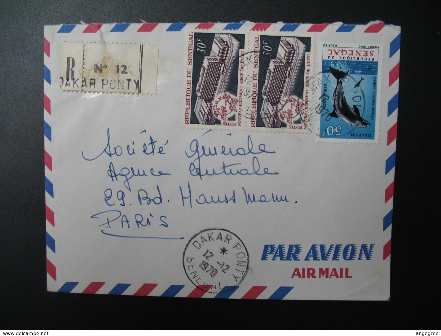 Sénégal  Lettre Recommandée N° 12 - 1970  Agence Dakar Ponty  Pour La Sté Générale En France   Bd Haussmann   Paris - Sénégal (1960-...)