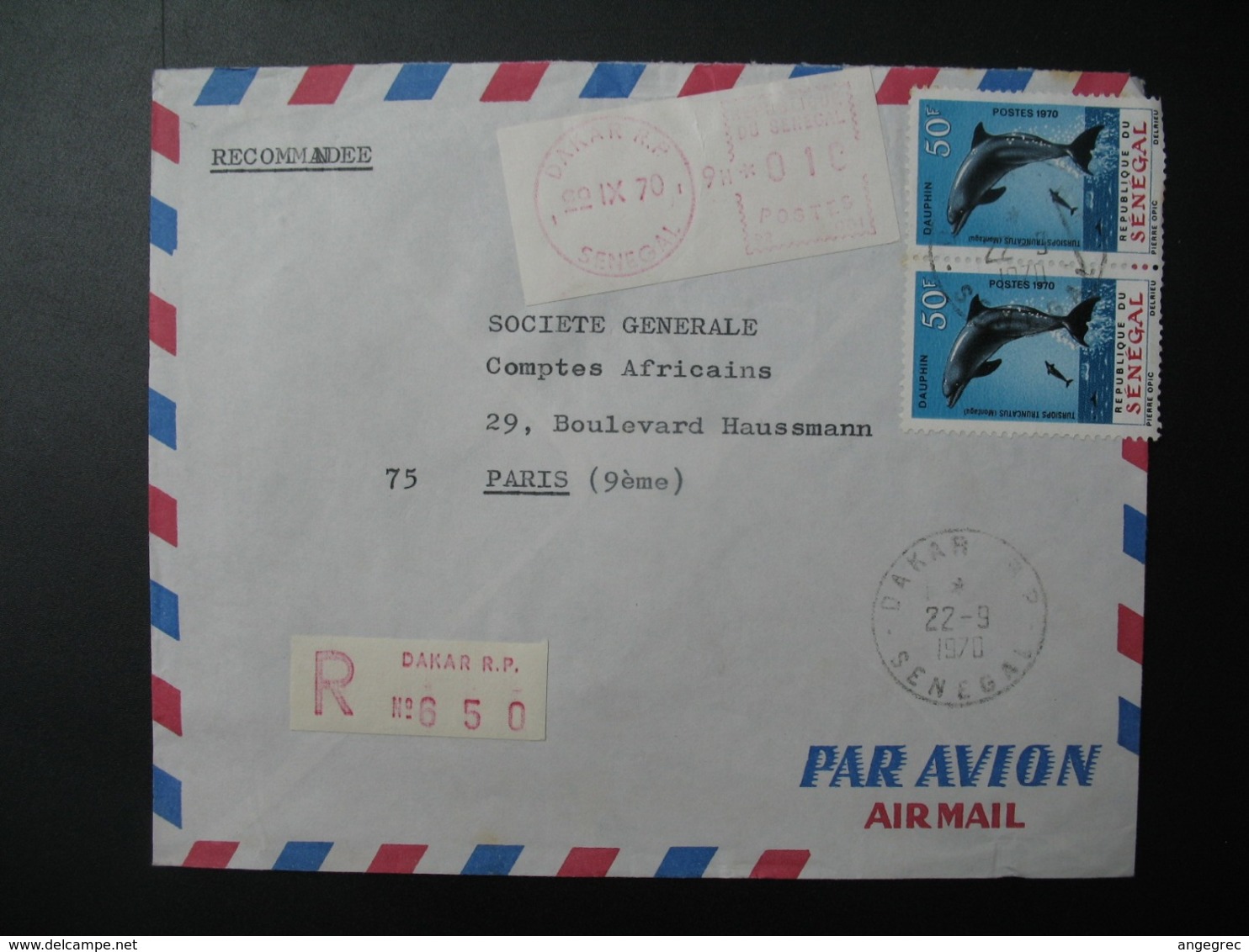 Sénégal  Lettre Recommandée N° 650 -  1970    Agence Dakar   Pour La Sté Générale En France   Bd Haussmann   Paris - Sénégal (1960-...)