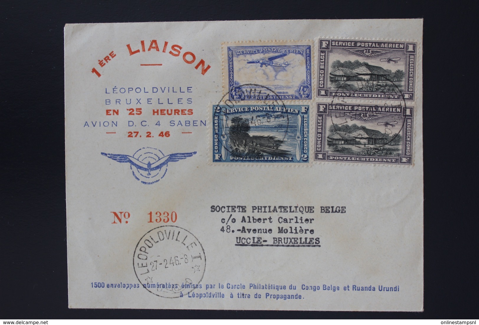 Belgium Congo Cover First Flight Sabena Leopoldville Bruxelles 27-2-1946 Numbered And Signed At The Back - Storia Postale