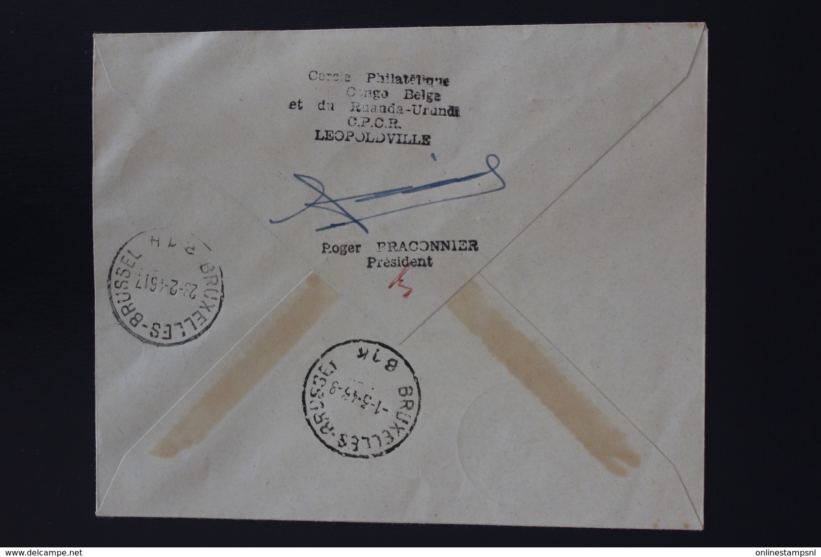 Belgium Congo Cover First Flight Sabena Leopoldville Bruxelles 27-2-1946 Numbered And Signed At The Back - Brieven En Documenten