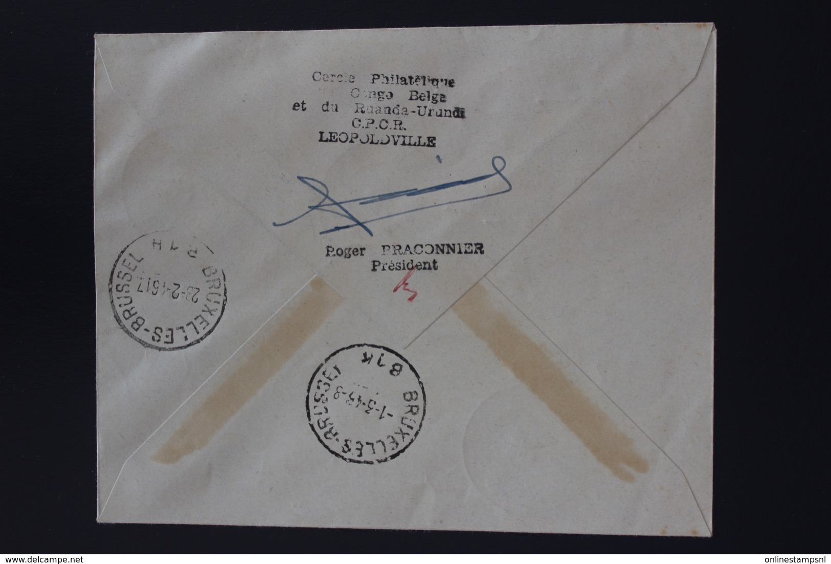 Belgium Congo Cover First Flight Sabena Leopoldville Bruxelles 27-2-1946 Numbered And Signed At The Back - Covers & Documents