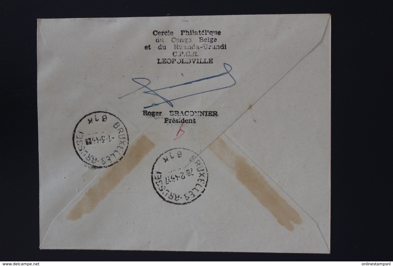 Belgium Congo Cover First Flight Sabena Leopoldville Bruxelles 27-2-1946 Numbered And Signed At The Back - Brieven En Documenten
