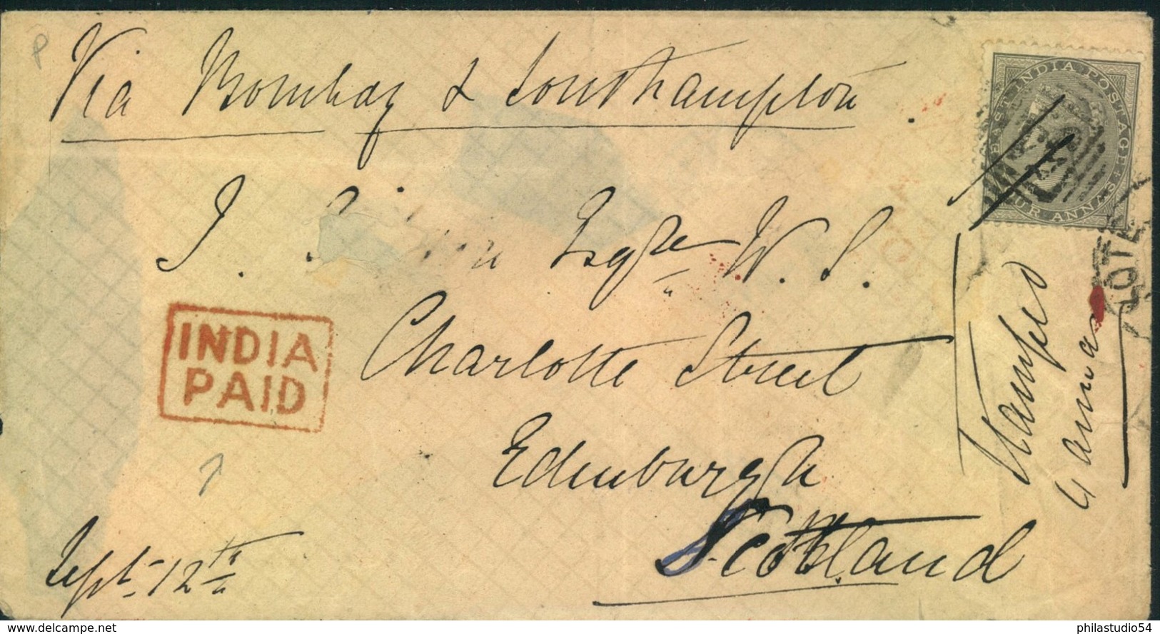 1865, Letter From LAHORE Franked With 4 Anna With Red "INDIA PAID" Via Bombay And Southamptom TO Edinbourgh. - Alwar